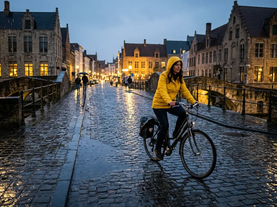 Cyclist in a yellow rain jacket crossing a wet cobblestone bridge at dusk
