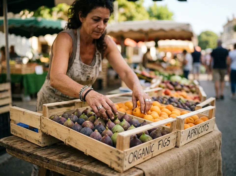 Stallholder arranging crates of figs and apricots at a morning market