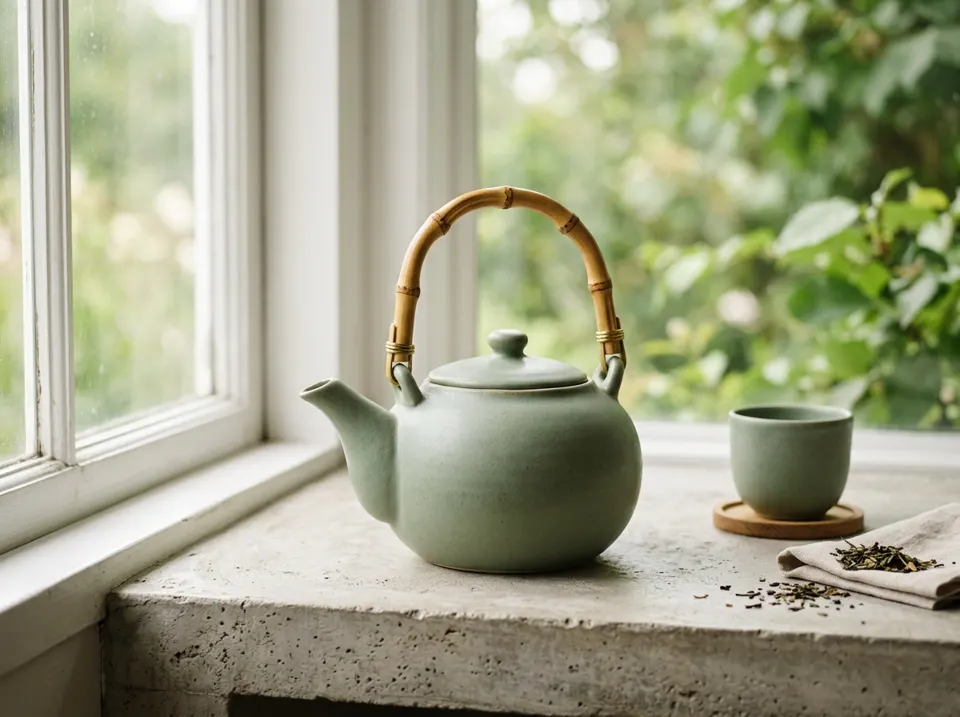 Sage-green ceramic teapot with a bamboo handle, 1 litre